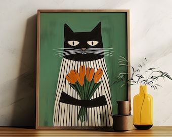Black Cat Wall Art with Tulips, Whimsical Cat Decor, Mid Century Modern Cat Print, Green and Orange Art, Cute Cat Lover Gift, digital print