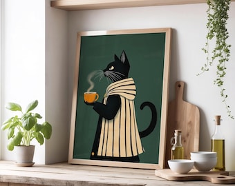 コーヒーを飲みながらくつろぐ黒猫 - キッチンの壁飾り - レトロ