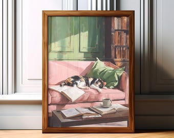 Calico Cat with Coffee and Book Print, Whimsical Cat Book Lover Decor, Vintage Pink Green Decor, Cozy Cat Lover Wall Art, Digital Print