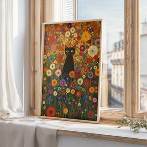 Gato estilo Klimt em arte com flores silvestres, impressão de gato Klimt, decoração de parede para impressão, pôster de gato com flores silvestres, decoração para amantes de gatos, a musa do gato 000