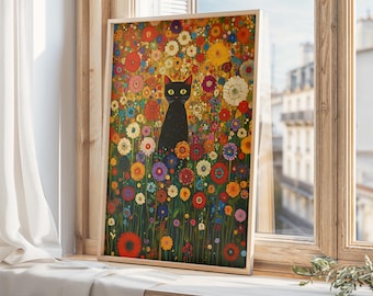 Klimt Style Cat in Wildflowers Art , Klimt Cat Print, Printable Wall Art Decor, Wildflower Cat Poster, Cat Lover Decor, The Cat's Muse 000