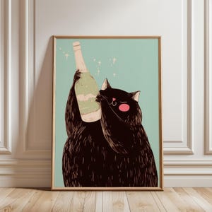 ミニマリストの太った黒猫とワイン、ミッドセンチュリーモダンキャットアート、バーキャットデコレーション、レトロキッチンデコレーション、猫好きへのギフト、ワインアート、デジタルプリント
