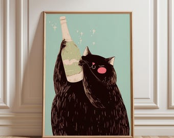 Mid Century Modern Cat Art Print, Funny Wine Decor (Digital Download)