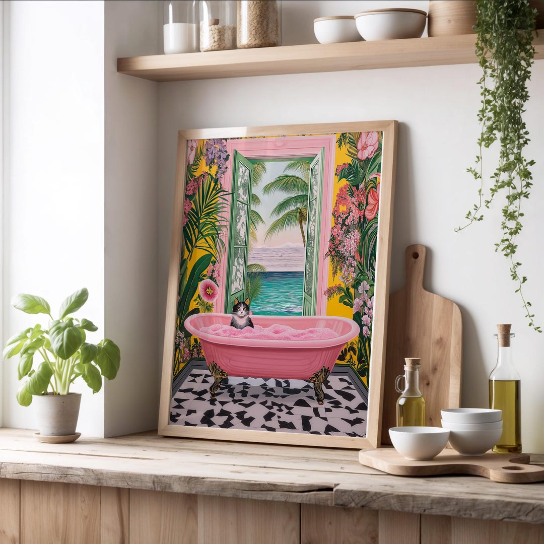 Cat Bath Print, Funny Cat Art, Pink Cat Poster, Bathtub Wall Art ...