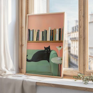 マティーニと本を持った黒猫のプリント、風変わりなカクテルバーの装飾、黒猫の本好きアート、読書用ウォールアート、本好きへのギフト、デジタルプリント