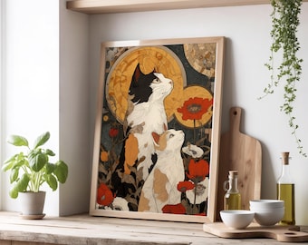 Klimt Style Mother Cat and Kitten Print, Celestial Wall Art, Cat Lovers Gift, Mother’s Day Cat Art, Art Nouveau Floral Art, Digital Download