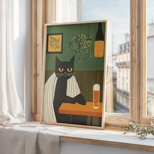 ビールとミニマリスト猫のプリント、エメラルドグリーンの壁アート、抽象的な猫のアートワーク、気まぐれな猫の壁アート、マティスのバーアート、デジタルダウンロード