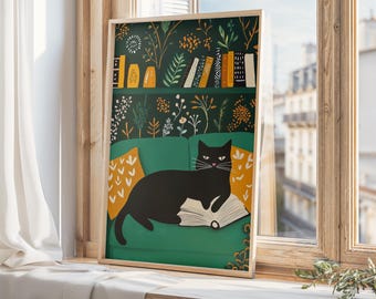 Black Cat Reading Book Wall Art, Book Lover Decor, Cozy Black Cat Book Lover Art, Green Wall Reading Decor, Cat Lover Gift, digital print