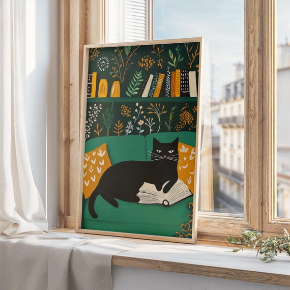 Black Cat Reading Book Wall Art, Book Lover Decor, Cozy Black Cat Book Lover Art, Green Wall Reading Decor, Cat Lover Gift, digital print
