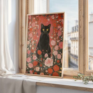 Black Cat Art Print, Klimt Garden Cat Poster, Rose Floral Wall Art, Funny Cat Gift, Gustav Klimt Decor, Digital Download, Romantic Wall Art