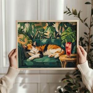 三毛猫とチェリーコスモカクテル、風変わりなカクテルバーの装飾、かわいい猫のアート、気まぐれな猫の壁アート、マティス風アート、デジタルダウンロード