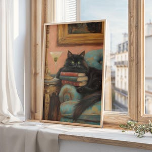 マティーニと本を持った黒猫のプリント、風変わりなカクテルバーの装飾、黒猫の本好きアート、読書用ウォールアート、本好きへのギフト、デジタルプリント