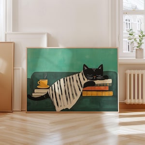 Schwarze Katze Wandkunst, die auf Büchern schläft, minimalistische gemütliche Katze mit Kaffeedruck, Mid Century moderne Katzendruck, Geschenk Katzenliebhaber, Digitaldruck
