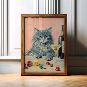 ロシアンブルーの猫のプリント、マティーニとオリーブのアート、チーズのポスター、トランプのデコレーション、バーカートの壁アート、ピンクの壁、かわいい風変わりなカクテルアート