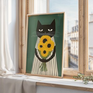 Black Cat with Sunflower Wall Art, Whimsical Cat Wall Art, Boho Floral Decor, Mid Century Modern Cat Art, Cat Lover Gift, Digital Print
