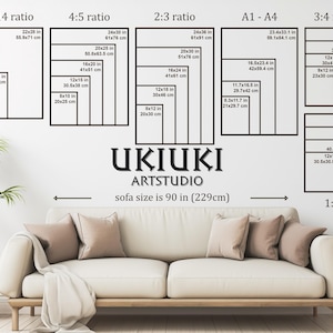 May include: A wall display showcasing various print sizes and ratios, including 11:14, 4:5, 2:3, A1-A4, 3:4, and 1:1. The sizes are listed in inches and centimeters. The display is above a beige sofa with pillows.