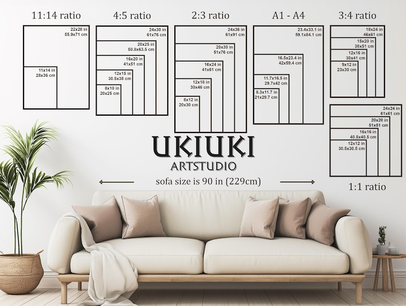 May include: A wall display showcasing various print sizes and ratios, including 11:14, 4:5, 2:3, A1-A4, 3:4, and 1:1. The sizes are listed in inches and centimeters. The display is above a beige sofa with pillows.