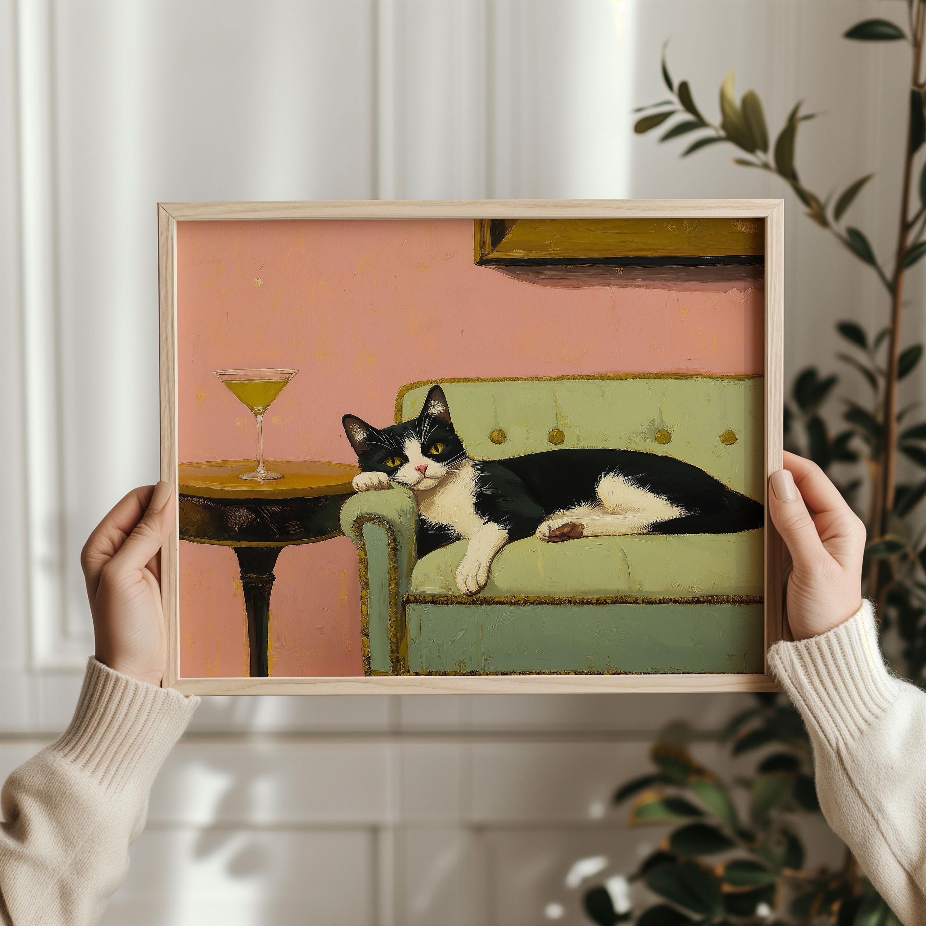 Tuxedo Cat With Martini Art Print, Cocktail Art Bar Cart Decor, Cat ...