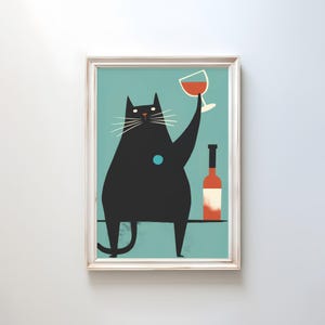 ミニマリストの太った黒猫とワイン、ミッドセンチュリーモダンキャットアート、バーキャットデコレーション、レトロキッチンデコレーション、猫好きへのギフト、ワインアート、デジタルプリント