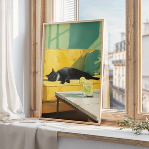 黒猫とカクテルのプリント、風変わりなカクテルバーの装飾、猫の壁飾り、猫好きへのギフト、気まぐれな猫の壁アート、デジタルダウンロード