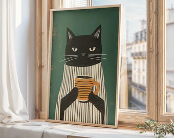 Stampa minimalista di un gatto nero che si rilassa con il caffè, arte moderna di metà secolo con gatti, decorazione da parete verde, arte a strisce con gatti, regalo per gli amanti dei gatti, stampa digitale