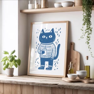 Cozy Cat with Coffee Wall Art, Stoner Cat Print, Funny Cat Lover Gift, Whimsical Cat Decor, Vintage Hand Drawn, Cat Lover Art, Digital Print