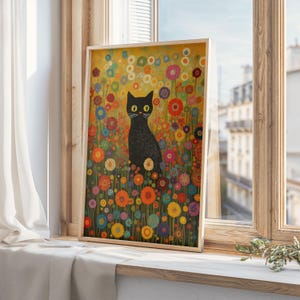Gustav Klimt Garden Cat Print, Black Cat Art, Floral Poster, Funny Cat Gift, Printable Wall Art, Digital Download, Home Decor, Cat Lovers 11
