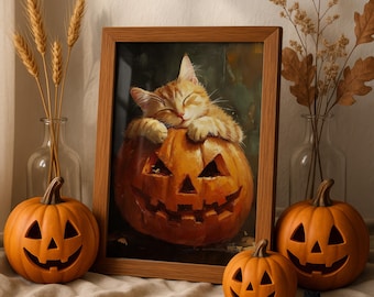 May include: A framed print of a ginger cat sleeping on a carved pumpkin, with three jack-o'-lanterns. The scene is decorated with dried wheat, autumn leaves, and bat silhouettes, creating a Halloween theme.