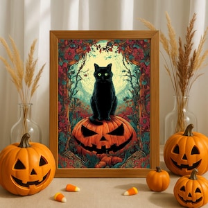 Peut inclure: Une affiche encadrée sur le thème d'Halloween avec un chat noir assis sur une citrouille sculptée. L'œuvre d'art a un style vintage avec une pleine lune et des motifs floraux. Des citrouilles oranges et des bonbons sont disposés autour du cadre.