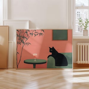 ピンクのカクテルを持つ黒猫、風変わりなカクテルバーの装飾、かわいいペットの肖像画、気まぐれな猫の壁アート、ミニマリストの壁アート、デジタルダウンロード