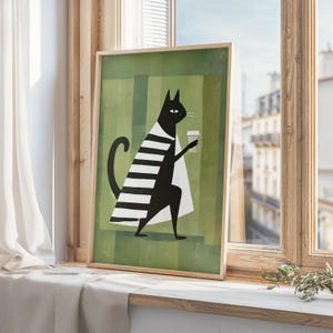 Minimalist Black Cat Coffee Print, Mid Century Modern Cat Art, Vintage Style, Black and White Kitchen Print, Digital Print, Cat Lover Gift