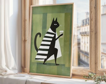 Impresión minimalista de gato negro con café, arte moderno de mediados de siglo, estilo vintage, impresión de cocina en blanco y negro, impresión digital, regalo para amantes de los gatos.