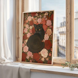 Black Cat Art Print, Klimt Garden Cat Poster, Rose Floral Wall Art, Funny Cat Gift, Gustav Klimt Decor, Digital Download,  Romantic Wall Art