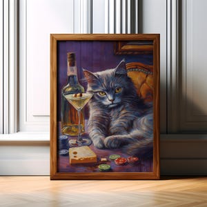 ロシアンブルーの猫のプリント、マティーニとオリーブのアート、チーズのポスター、トランプのデコレーション、バーカートの壁アート、紫の壁、かわいい風変わりなカクテルアート