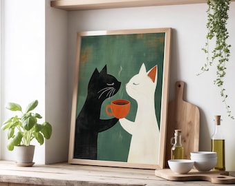 Puede incluir: Una impresión artística enmarcada que presenta dos gatos estilizados, uno negro y otro blanco, compartiendo una taza de café. Los gatos están sobre un fondo verde, con un marco de madera. La obra evoca calidez.