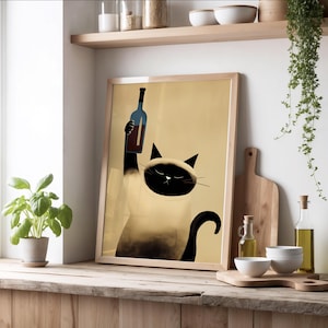 ミニマリストなシャム猫とワイン、ミッドセンチュリーモダンキャットアート、バーキャットデコレーション、レトロなキッチンデコレーション、猫好きへのギフト、ワインアート、デジタルプリント