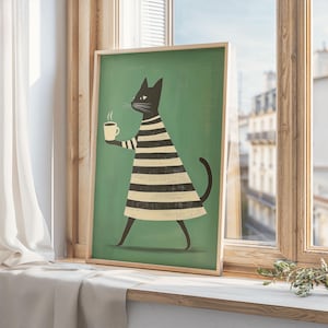 コーヒーを飲みながらくつろぐミニマリストの黒猫のプリント、ミッドセンチュリーモダンキャットアート、グリーンの壁飾り、ストライプキャットアート、猫好きへのギフト、デジタルプリント