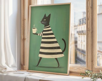 Minimalistyczny nadruk z czarnym kotem, relaks przy kawie, sztuka kotów w stylu Mid Century Modern, zielona dekoracja ścienna, sztuka kotów w paski, prezent dla miłośnika kotów, wydruk cyfrowy
