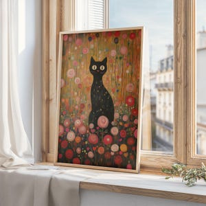 Black Cat Art Print, Klimt Garden Cat Poster, Rose Floral Wall Art, Funny Cat Gift, Gustav Klimt Decor, Digital Download, Valentine&#39;s Gift