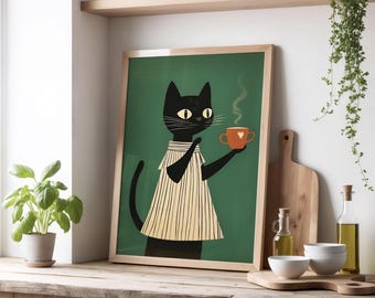 Minimalist Black Cat Print Chilling with Coffee, Green Minimalist Art, Vintage Quirky Wall Art, Mid Century Modern Cat Art, digital Print