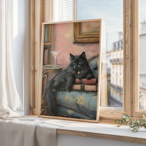 マティーニと本を持った黒猫のプリント、風変わりなカクテルバーの装飾、黒猫の本好きアート、読書用ウォールアート、本好きへのギフト、デジタルプリント
