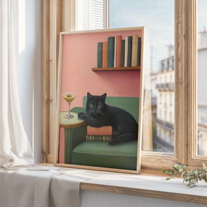 マティーニと本を持った黒猫のプリント、風変わりなカクテルバーの装飾、黒猫の本好きアート、読書用ウォールアート、本好きへのギフト、デジタルプリント