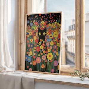 Gustav Klimt Garden Cat Print, Black Cat Art, Floral Poster, Funny Cat Gift, Printable Wall Art, Digital Download, Home Decor, Cat Lovers 10