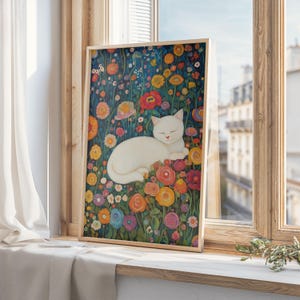Gato estilo Klimt em arte de flores silvestres, impressão de gato Klimt, decoração de arte de parede para impressão, pôster de gato de flores silvestres, decoração de gato branco, download digital 008