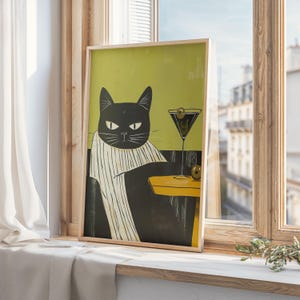 マティーニを添えたミニマルな猫のプリント、ミッドセンチュリーモダンの猫アート、気まぐれな猫のウォールアート、マティススタイル、猫好きへのギフト、デジタルダウンロード
