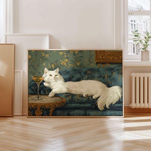 マティーニを持った白い猫のプリント、風変わりなカクテルバーの装飾、かわいいペットの肖像画、気まぐれな猫の壁アート、浮世絵風の壁アート、デジタルダウンロード
