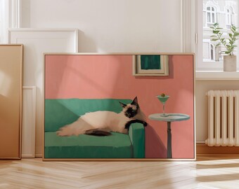 マティーニをつけたシャム猫のプリント、風変わりなカクテルバーの装飾、かわいい猫の壁アート、気まぐれな猫の壁アート、ミニマリストの壁アート、デジタルダウンロード