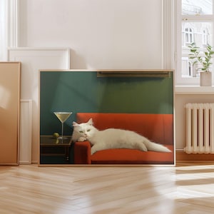 マティーニを持った白い猫のプリント、風変わりなカクテルバーの装飾、かわいいペットの肖像画、気まぐれな猫の壁アート、ミニマリストの壁アート、デジタルダウンロード