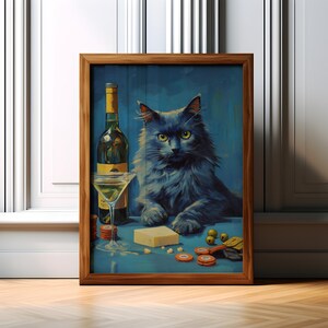 ロシアンブルーの猫のプリント、マティーニとオリーブのアート、チーズのポスター、トランプのデコレーション、バーカートの壁アート、青い壁、かわいい風変わりなカクテルアート