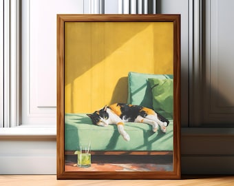 Impresión artística de gato calicó con margarita, arte mural verde lima, arte mural de gatos, decoración caprichosa para carrito de bar, arte mural de cocina, impresión digital